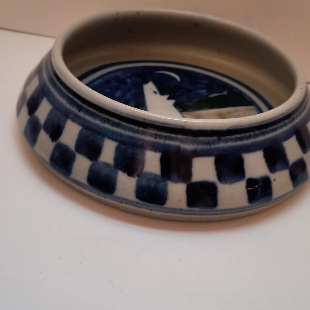 Stoneware Art Pottery-- grey and blue Dog Food Bowl